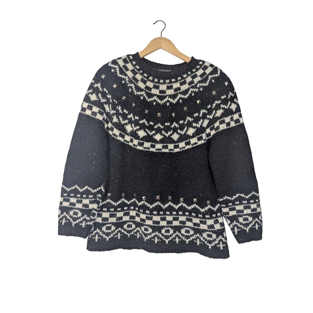Vintage Kitty Hawk Punk Grunge Speckled Fair Isle Black and White Sweater
